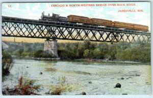 JANESVILLE, WI  Rock River BRIDGE CHICAGO NORTH-WESTERN Railroad Train Postcard