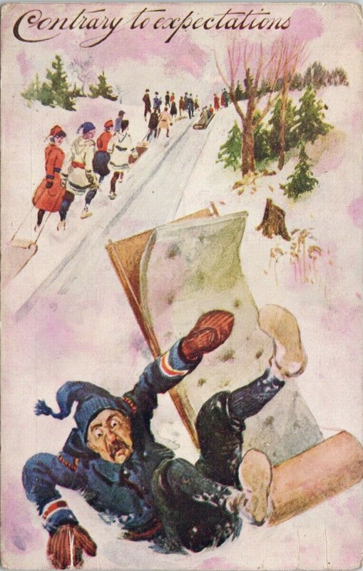 Man Tobogganing 'Contrary To Expectations' Winter Unused Warwick Postcard E84