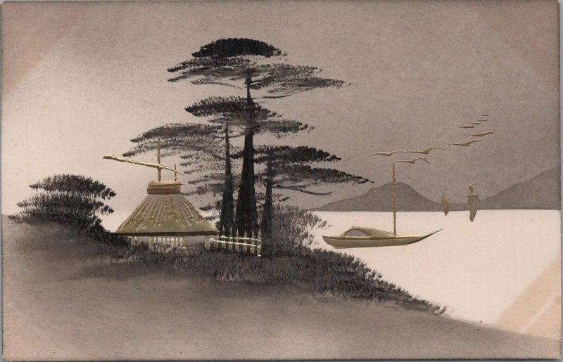 Postcard Handpainted Japan Mountain and Trees and Ships #3