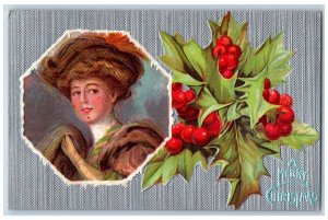 Christmas Postcard Pretty Woman Holly Berries Embossed c1910's Unposted Antique