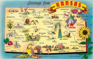 Kansas Map Attractions 1950s Tichnor Postcard 21-14201