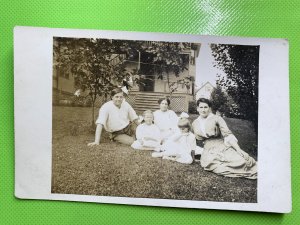 Portrait Group Shot Family Reclined in the Yard Real Photo Postcard RPPC