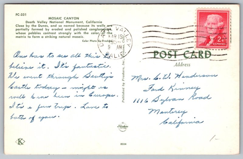Death Valley National Monument California Mosaic Canyon Chrome Cancel Postcard