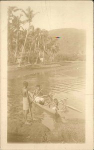 Suva Fiji Cancel Steamship Ship Cancel STELLA POLARIS 1935 Outrigger Canoe RPPC