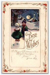 1912 Christmas And New Year Dutch Girls Winter Snow Moon View Tuck's Postcard