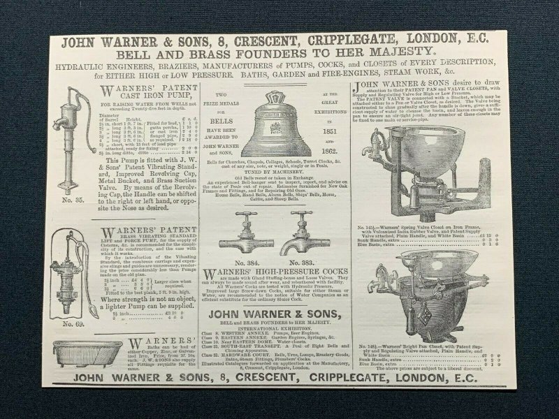 1862 Advert, John Warner & Sons, Cripplegate London, Bell & Brass Founders