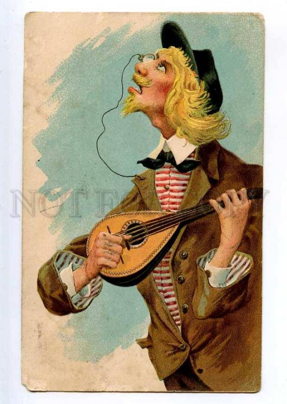 235178 COMIC Man MANDOLIN Monocle EMBOSSED Vintage TO PAY Post