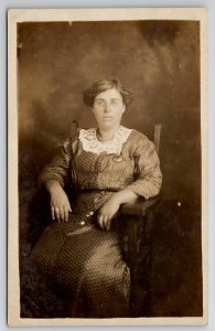 RPPC Edwardian Woman in Polka-Dot Dress Studio Photo Postcard I21