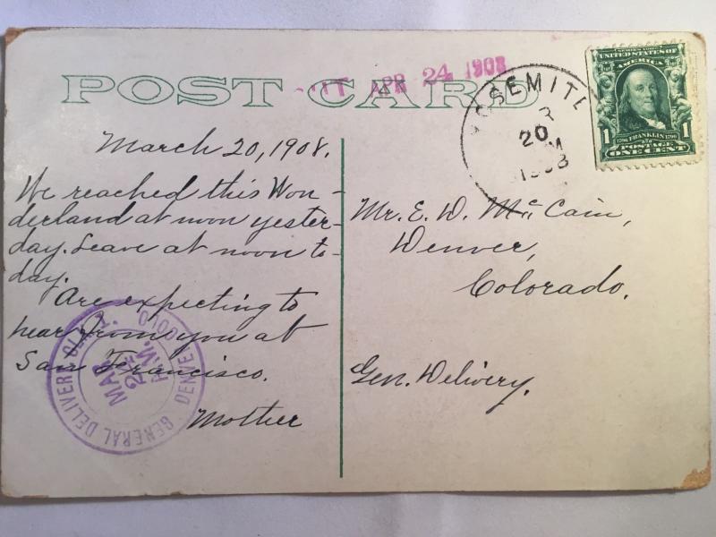 Vintage Three Brothers, Yosemite Valley, CA postcard postmarked March 20, 1908