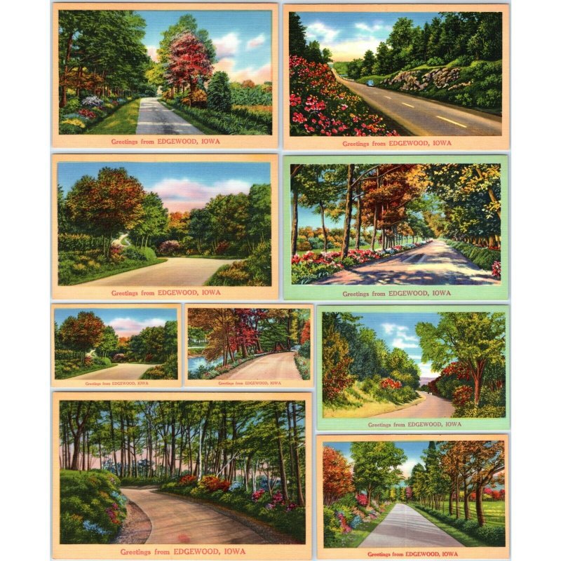 x9 LOT c1940s Edgewood, IA Greetings from NYCE Landscape Linen Postcards A257