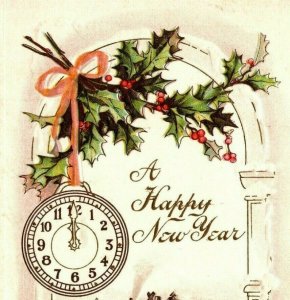 Vintage 1910's New Year's Postcard Clock Snowy Country Village Mistletoe