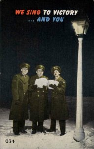 WWII US Propaganda Men in Uniform Sing by Street Lamp LINEN Postcard