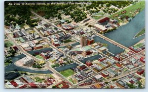 AURORA, IL Illinois~ Air View of CITY & FOX RIVER c1950s  DuPage County Postcard