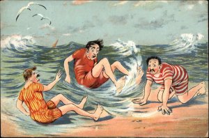 Men Vintage Swimsuits Washed Ashore in Waves Comic c1910 Vintage Postcard