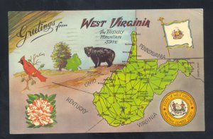 GREETINGS FROM WEST VIRGINIA STATE MAP VINTAGE POSTCARD
