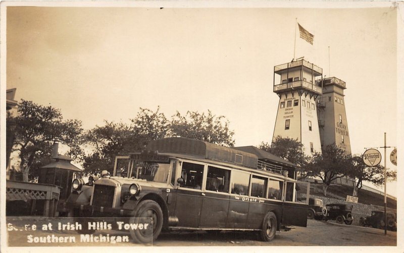 H19/ Irish Hills Tower Michigan RPPC Postcard c1930s The Oriole Bus 86 