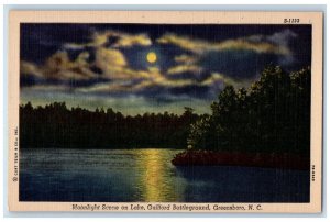 Greensboro NC, Moonlight Scene On Lake Guilford Battleground Night View Postcard