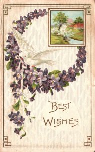 Vintage Postcard 1909 Best Wishes Red Violets Bird Landscape Greetings Souvenir