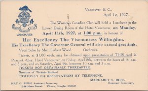 Vancouver 1927 Women's Canadian Club Meeting Viscountess Willingdon Postcard H34