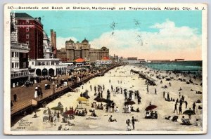Cartão postal 1923 Boardwalk & Beach At Shelburne Marlborough Atlantic City NJ publicado-