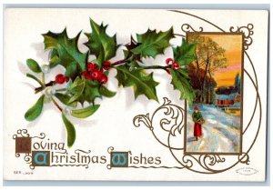 Christmas Postcard Holly Berries Mistletoe Woman Winter Embossed Clarion IA