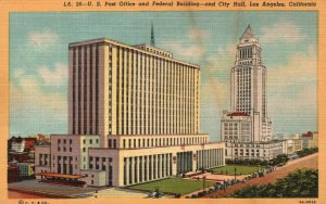 Los Angeles California, US Post Office & Federal Building & City Hall, Postcard