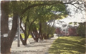 Postcard Massachusetts Malden Ferryway Green Benches Flag Cancel 1911 V192