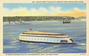 SEATTLE-BREMERTON-PUGET SOUND WA~STREAMLINED MOTOR FERRY KALAKALA~1936 POSTCARD 