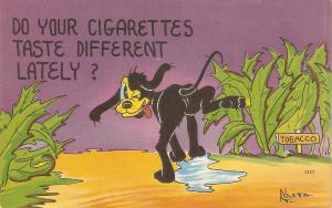 Dog humour. Did your cigarettes taste .... Humorous American linen postcard