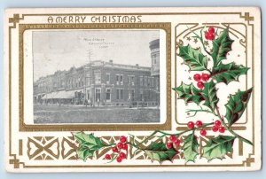 Grundy Center Iowa IA Postcard Main Street Christmas Holly Berries 1908 Antique