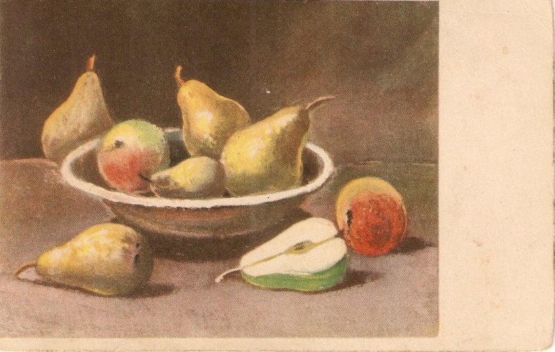 Still Life. Fuits: Lot of four fine paintings vintage Spanish postcards, Signed