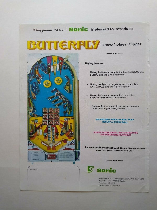 Butterfly Pinball Flyer Original 1977 Promo Advertising Fantasy Art Sheet Sonic 