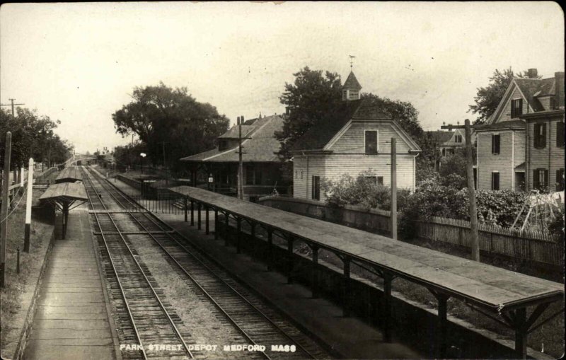 Medford Mass MA Park St. RR Train Station Depot c1910 Real Photo Postcard