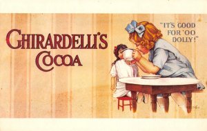 San Francisco GHIRADELLI'S COCOA Girl & Doll c1950s Vintage Advertising Postcard