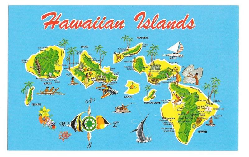 Hawaiian Islands Map Hawaii Kauai Maui Vintage Postcard