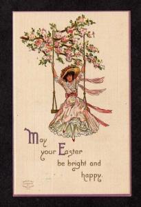 Easter Happy Postcard Leubrie & Elkus Lady Swing Flowers Hat Carte Postale