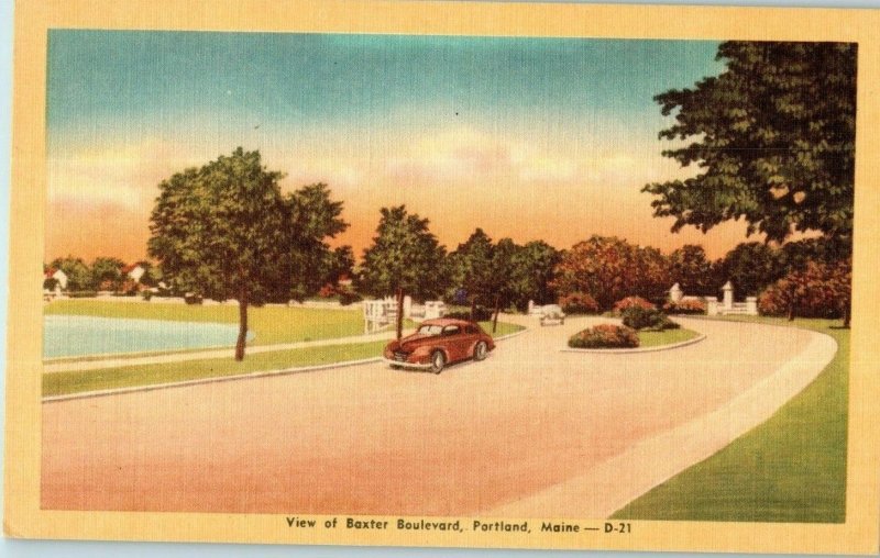 View of Baxter Boulevard w Old Cars Linen Portland Maine Postcard