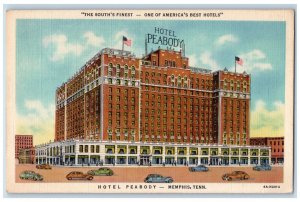 c1940's Car Scene, The South's Finest Hotel Peabody Memphis TN Postcard