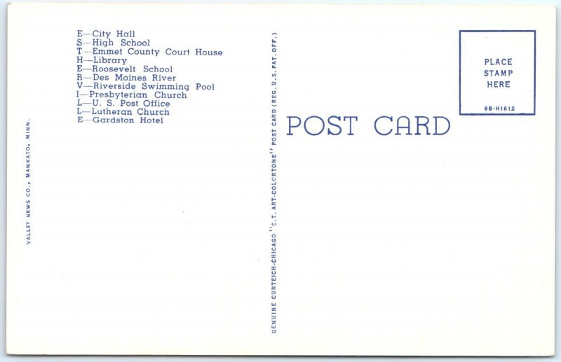 c1940s Estherville IA Greetings Linen Curteich Postcard For t Defiance Park A114
