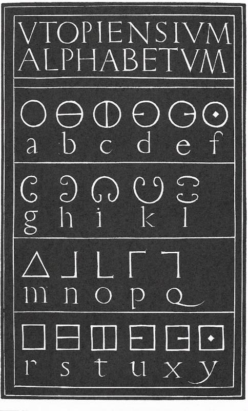 V&A collection postcard of More's Utopian Alphabet referencing Eric Gill