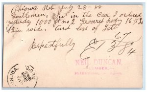 1888 Neil Duncan Lumber Co. Ohiowa Nebraska NE Clinton IA Postal Card