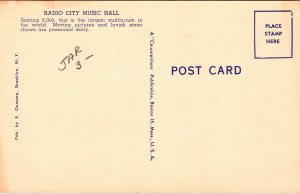 Radio City Music Hall Audirotium New York City NY Linen Postcard UNP VTG Unused 