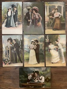 Lot 7 vintage postcards romantic couples lovers love idyll Swiss made 1908-1911 