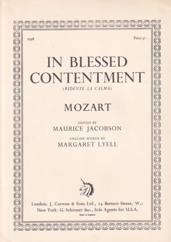 Mozart In Blessed Contentment Ridente La Calma Classical Rare Sheet Music Book