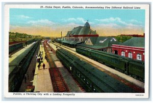Pueblo Colorado Postcard Union Depot Aerial View Locomotive Train Railroad c1940