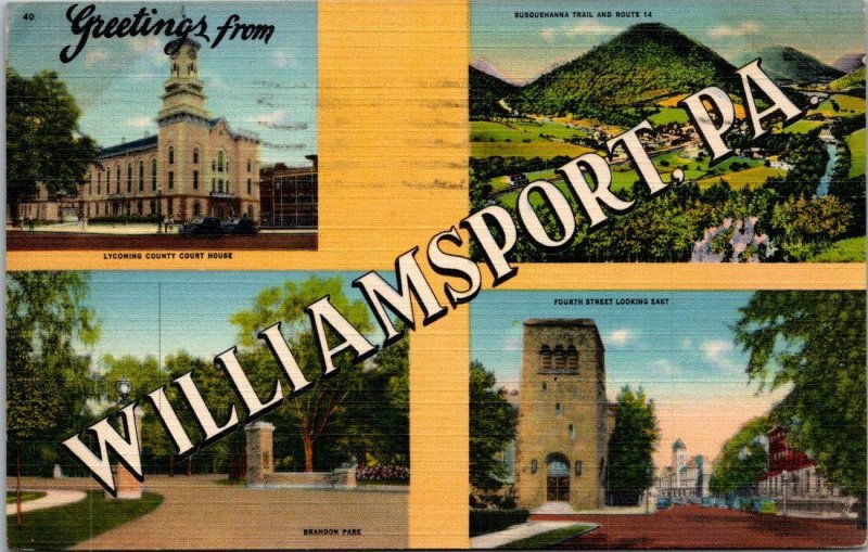 Greetings From Williamsport Pennsylvania Large Letter Linen 1944