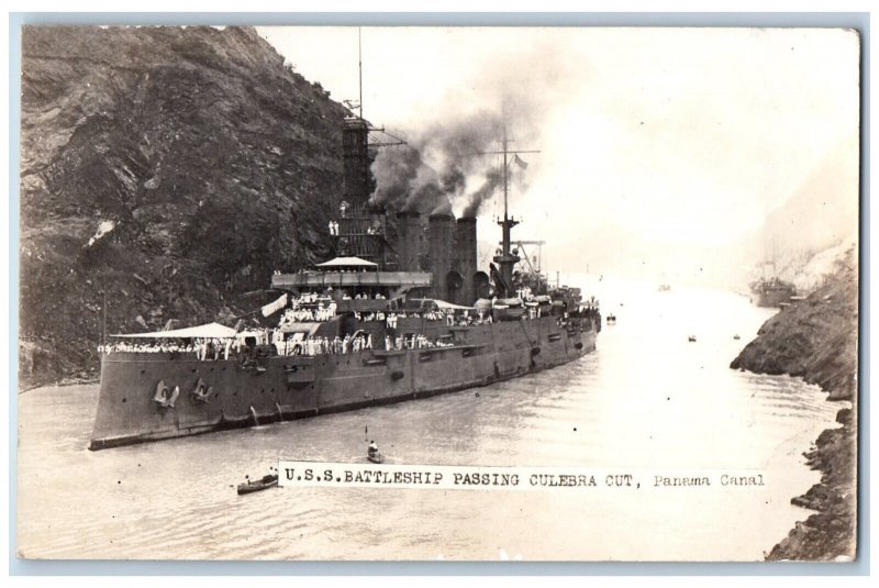 Panama Canal Postcard USS Battleship Passing Culebra Cut c1910 WW1 RPPC Photo