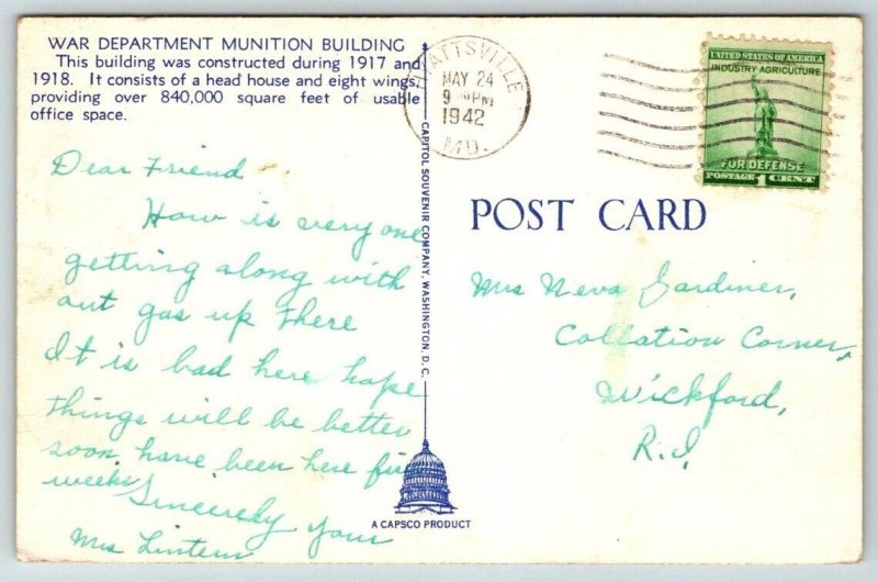 1942  War Department Munition Building     Washington DC   Postcard