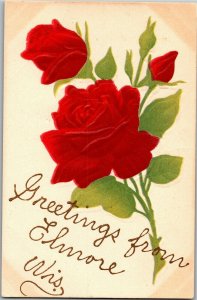 Embossed Red Roses, Greetings from Elmore WI Vintage Postcard F45