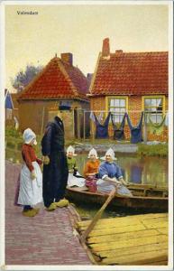 Netherlands - Volendam - Women in Boat, Boy & Girl on Wharf